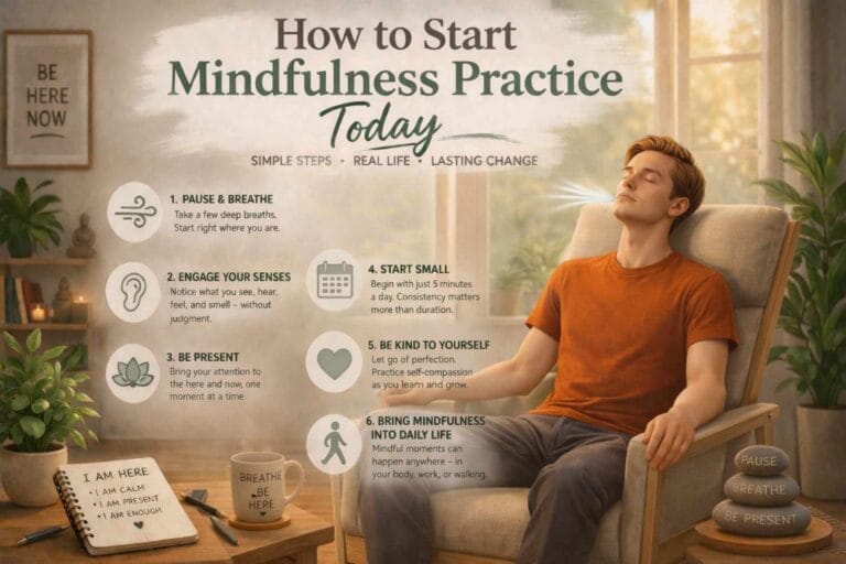 A young man sits on a chair with eyes closed, practicing mindful breathing, surrounded by simple tips for starting mindfulness.