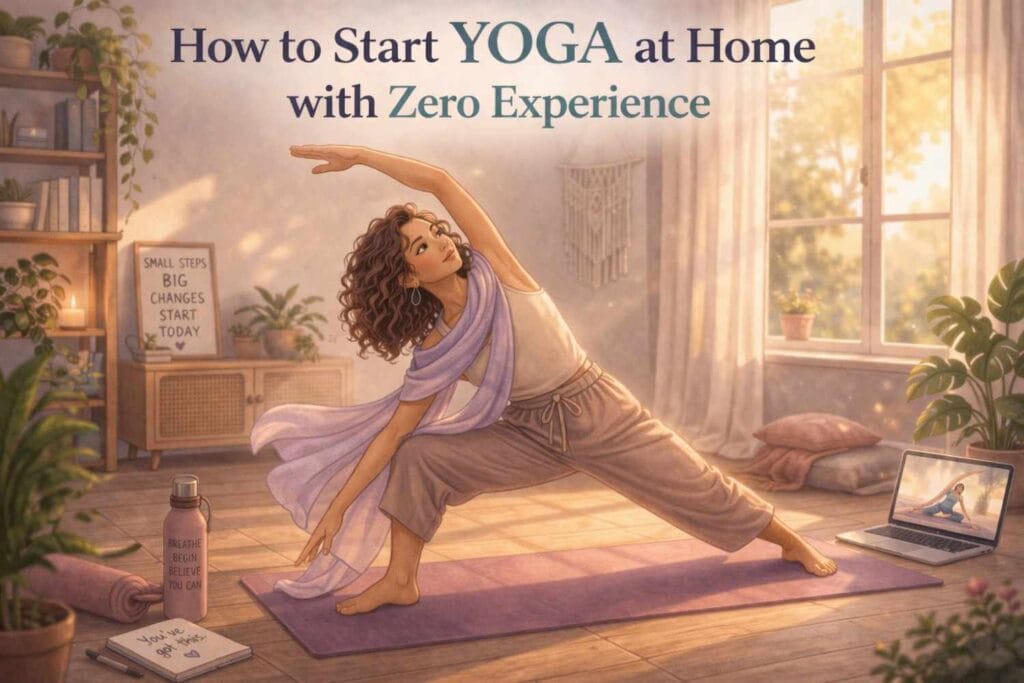 A young woman practices a yoga pose at home on a mat, surrounded by a calm indoor setting with soft natural light and minimal decor, with the title “How to Start Yoga at Home with Zero Experience” above.