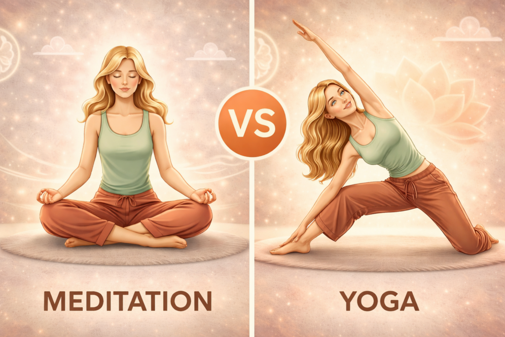 A split illustration of a woman comparing meditation and yoga, on one side she sits calmly in a cross-legged meditation pose with eyes closed, and on the other she performs a dynamic yoga stretch pose.