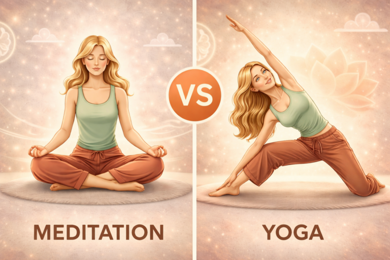 A split illustration of a woman comparing meditation and yoga, on one side she sits calmly in a cross-legged meditation pose with eyes closed, and on the other she performs a dynamic yoga stretch pose.