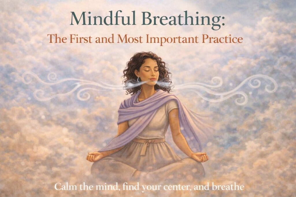 A woman sits calmly with eyes closed, practicing mindful breathing as soft air flows around her in a peaceful setting.