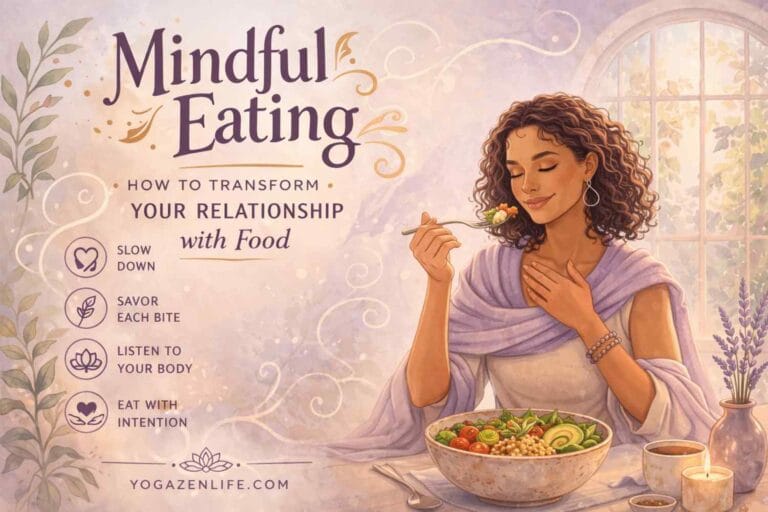 A serene woman with curly hair sits at a table, mindfully eating a bowl of fresh salad with her eyes gently closed and one hand on her chest, surrounded by soft pastel tones, plants, and calming decor, illustrating the concept of mindful eating.
