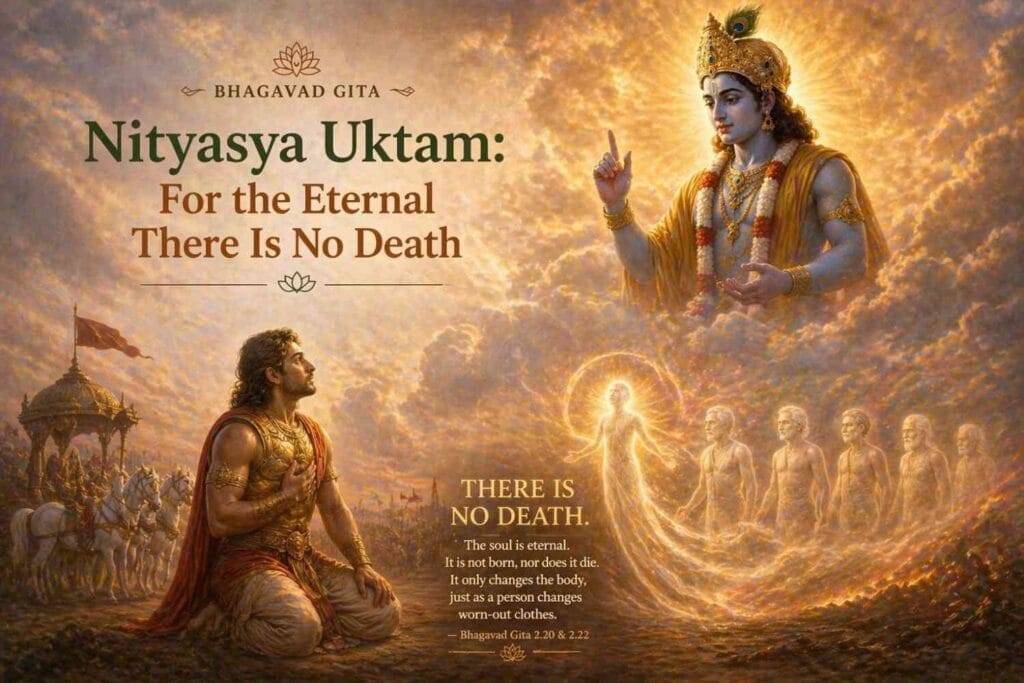 A golden, divine illustration of Krishna appearing in the sky, radiating light as he teaches Arjuna, who kneels on the battlefield below with folded hands. A glowing human form symbolizes the eternal soul, with the text “There is no death” displayed.