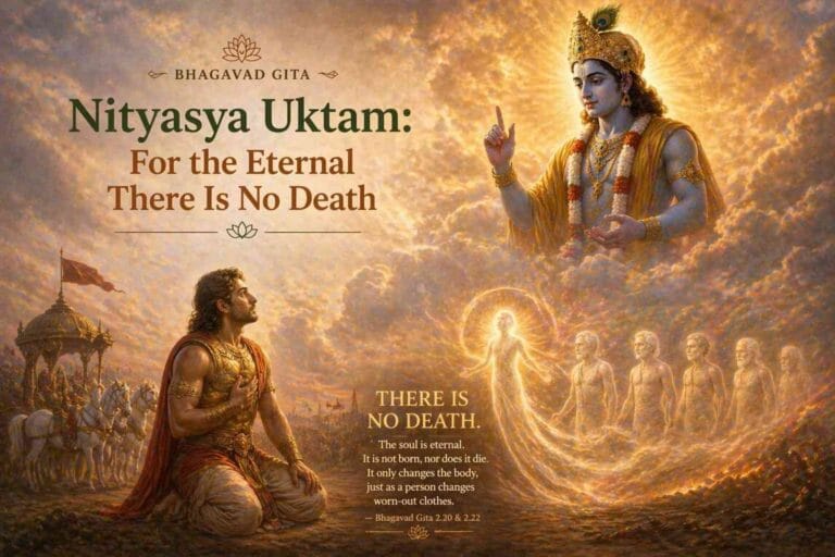 A golden, divine illustration of Krishna appearing in the sky, radiating light as he teaches Arjuna, who kneels on the battlefield below with folded hands. A glowing human form symbolizes the eternal soul, with the text “There is no death” displayed.