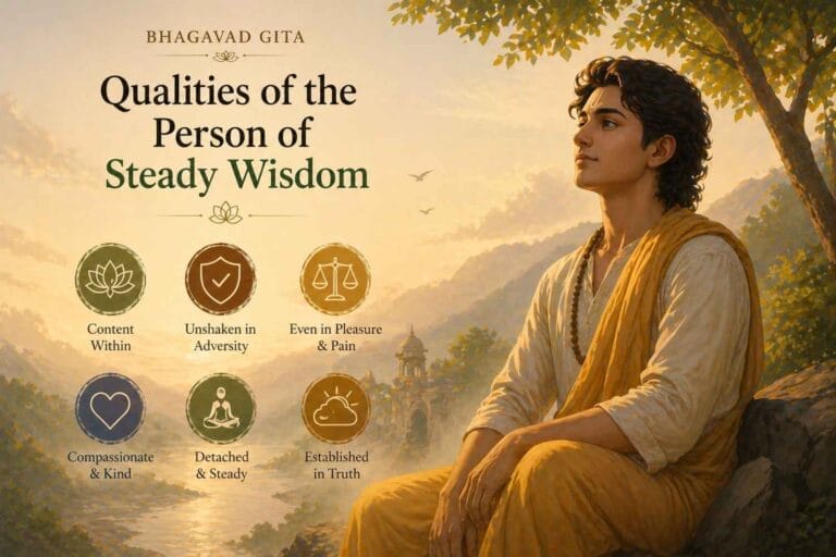An illustrated Bhagavad Gita–inspired scene showing a calm young man sitting peacefully on a rock overlooking a river and mountains at sunrise, symbolizing inner stability, alongside icons representing qualities of steady wisdom such as contentment, compassion, detachment, and equanimity.