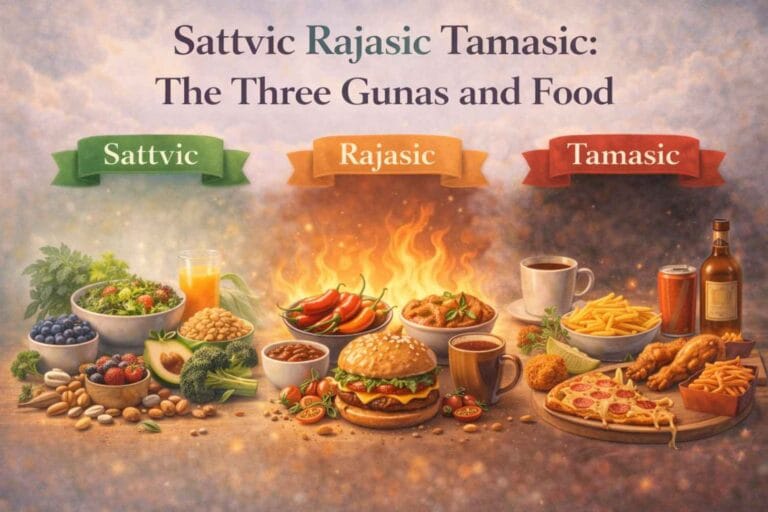 An illustration showing three categories of food, Sattvic, Rajasic, and Tamasic, displayed side by side, with fresh fruits and vegetables, spicy foods, and processed items representing each guna.