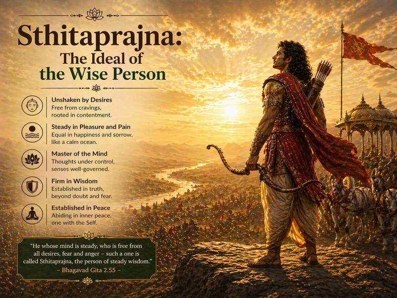 A golden-toned illustration of Arjuna standing on a battlefield at sunrise, holding his bow and looking toward the horizon with calm focus, representing steady wisdom. The title “Sthitaprajna: The Ideal of the Wise Person” appears alongside.