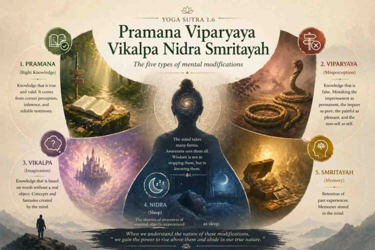 An artistic infographic of Yoga Sutra 1.6 showing a central mind figure surrounded by five scenes representing knowledge, misperception, imagination, sleep, and memory.