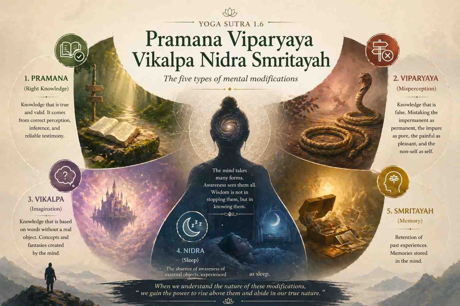 Sutra 1.6: Pramana Viparyaya Vikalpa Nidra Smritayah