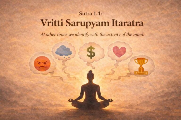 A warm-toned illustration of a person meditating in a seated posture against a soft, glowing landscape, with multiple thought bubbles above their head representing emotions, desires, and mental activities. The text “Sutra 1.4: Vritti Sarupyam Itaratra” appears at the top.