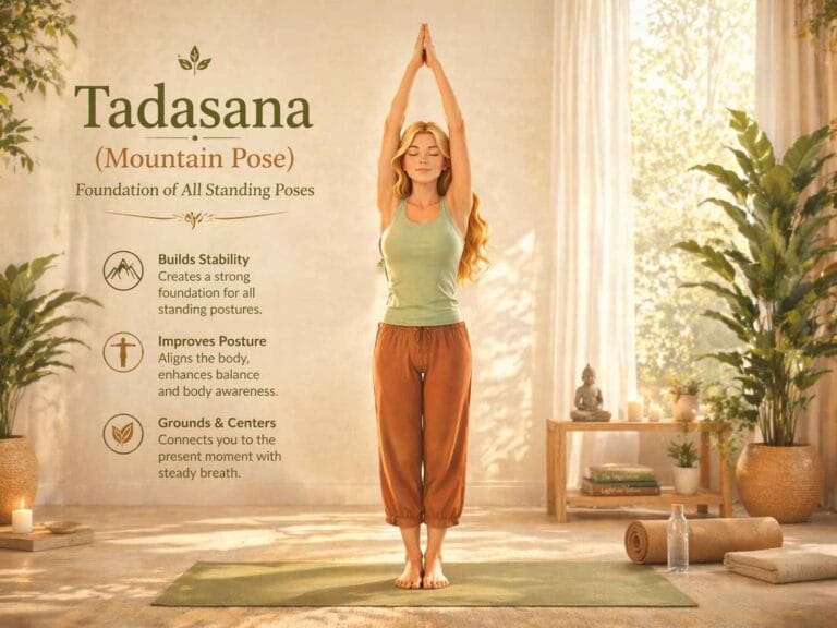 A woman in Tadasana (Mountain Pose) stands with arms raised and palms joined in a calm, sunlit yoga space.