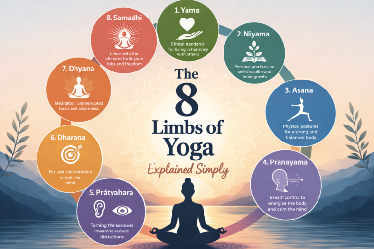 Infographic of “The 8 Limbs of Yoga Explained Simply” arranged in a circular layout, showing 1. Yama, 2. Niyama, 3. Asana, 4. Pranayama, 5. Pratyahara, 6. Dharana, 7. Dhyana, and 8. Samadhi, with icons and brief meanings around a meditating figure.