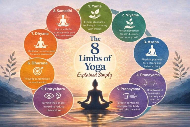 A colorful circular infographic showing the 8 limbs of yoga arranged around a central meditating figure at sunrise. Each segment represents a limb, Yama, Niyama, Asana, Pranayama, Pratyahara, Dharana, Dhyana, and Samadhi, with icons and short descriptions, set against a calm natural landscape.