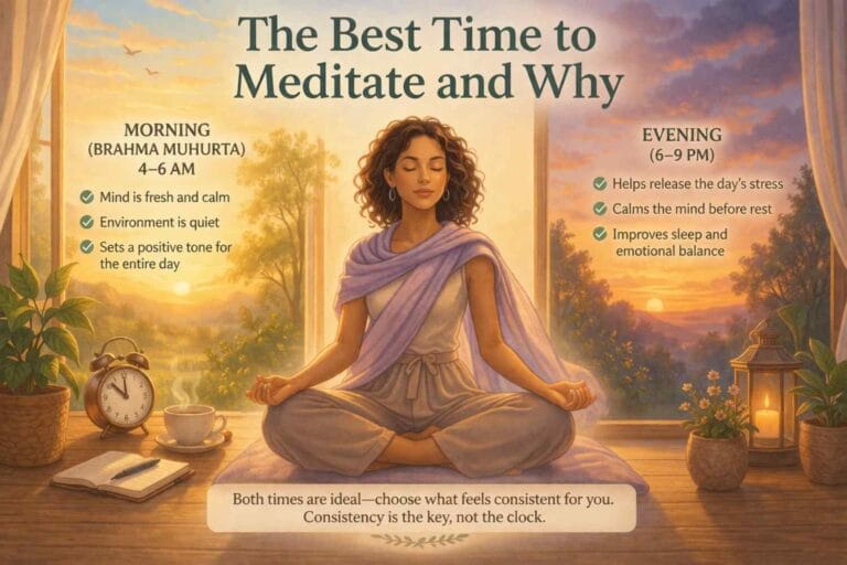 A woman sits peacefully in meditation with a split background showing morning and evening, highlighting the best times to meditate and their benefits.