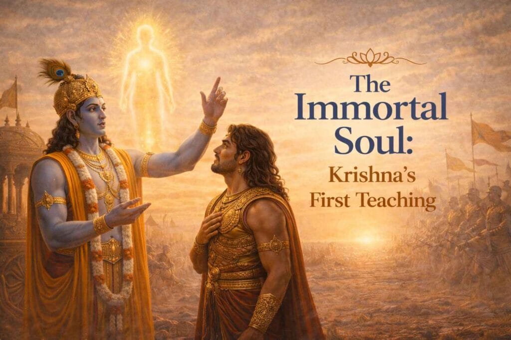 A warm, golden-toned illustration of Krishna and Arjuna standing on a battlefield at sunrise. Krishna points upward toward a glowing, human-shaped figure symbolizing the immortal soul, while Arjuna looks up with his hand on his chest. The title “The Immortal Soul: Krishna’s First Teaching” appears on the right.