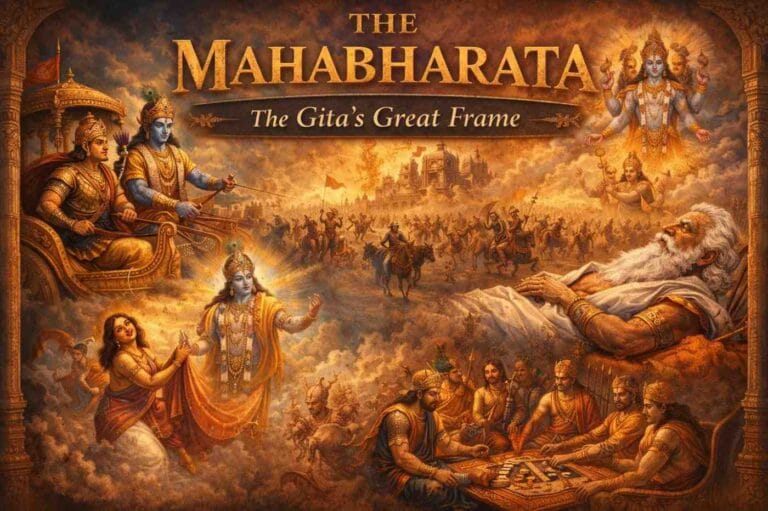 Epic illustration of the Mahabharata showing Krishna guiding Arjuna on the battlefield of Kurukshetra, alongside key moments like Bhishma on the bed of arrows and divine Vishvarupa.