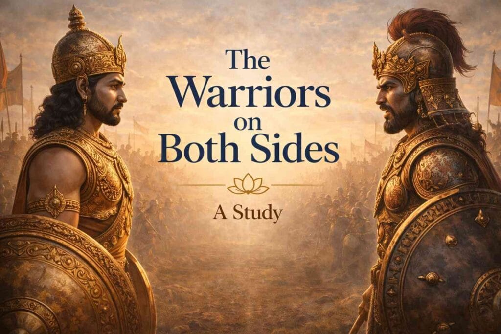 A dramatic illustration of two armored warriors standing face-to-face on a battlefield, each holding shields and weapons, with armies gathered behind them under a warm, golden sky. The title “The Warriors on Both Sides: A Study” appears centered between them.