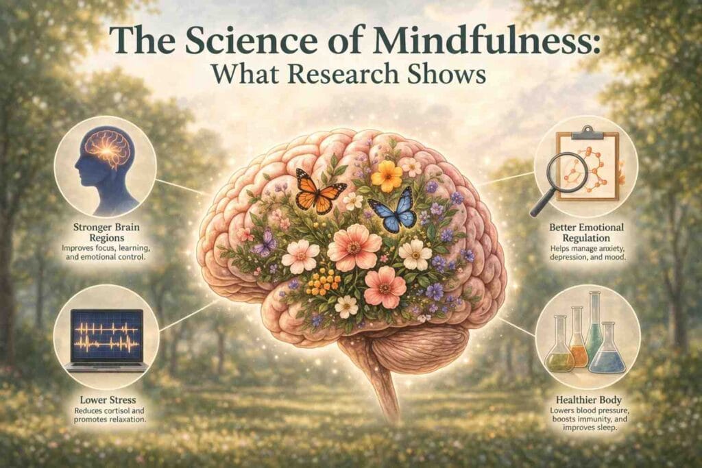A stylized human brain placed at the center of a serene outdoor setting, with one side depicted naturally and the other blooming with colorful flowers and butterflies. Surrounding the brain are soft glowing icons representing mindfulness benefits such as reduced stress, improved focus, mental well-being, and scientific research, with the title “The Science of Mindfulness: What Research Shows” displayed above.