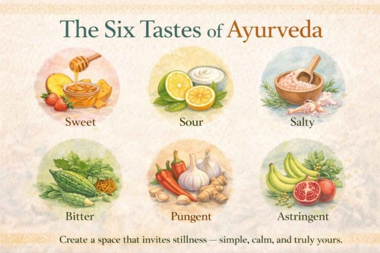 An illustration showing the six Ayurvedic tastes, sweet, sour, salty, bitter, pungent, and astringent, each represented with natural foods and herbs.