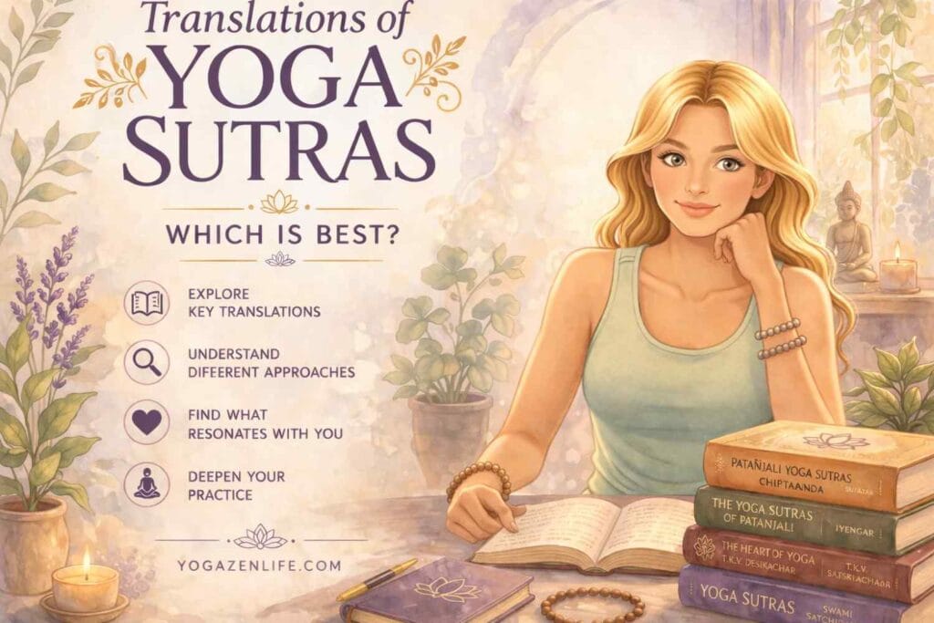 A blonde woman with open eyes sits at a table reading a book, surrounded by stacked Yoga Sutras translations, plants, and soft candlelight in a calm pastel setting.