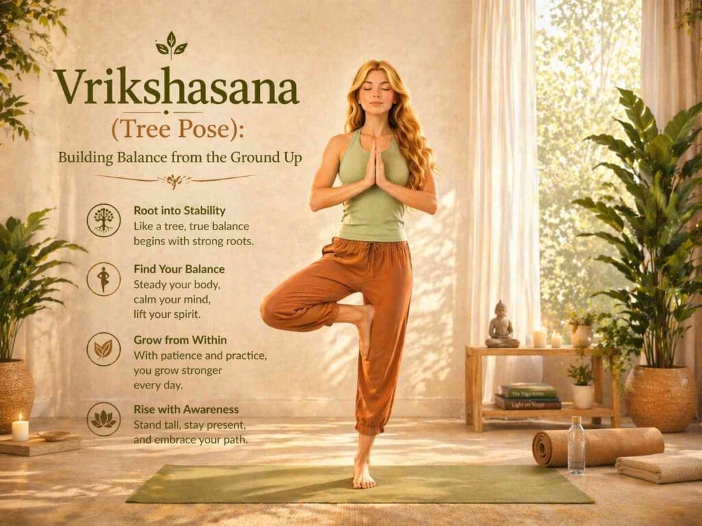 A woman practicing Vrikshasana (Tree Pose), standing on one leg with palms joined at the chest in a calm, sunlit yoga space.