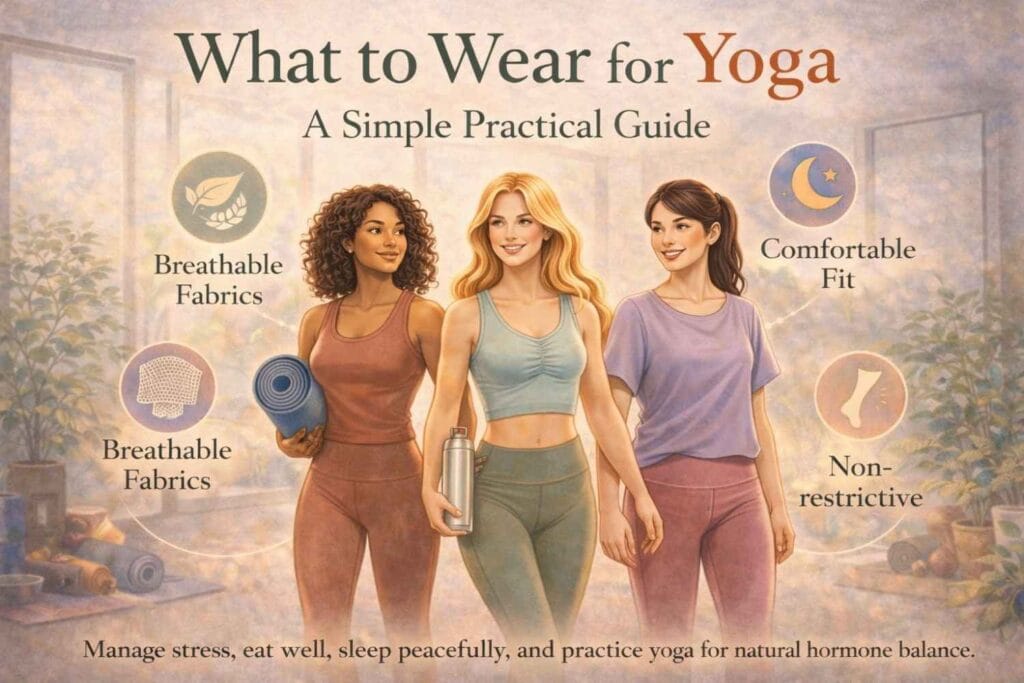 Three women stand in a yoga studio wearing comfortable and breathable yoga outfits, highlighting flexibility, fit, and ease of movement.
