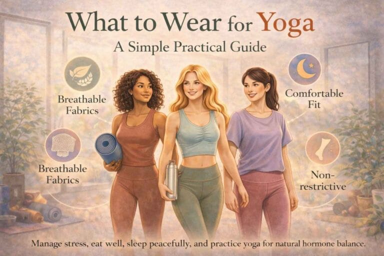 Three women stand in a yoga studio wearing comfortable and breathable yoga outfits, highlighting flexibility, fit, and ease of movement.