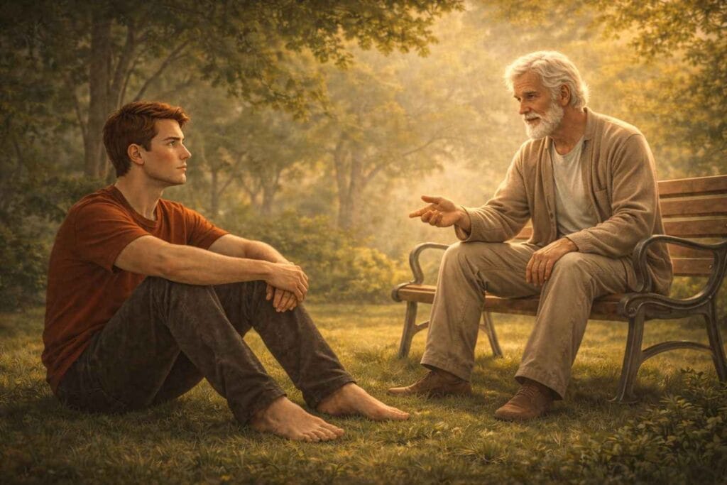 A young man in a burnt-orange t-shirt sits on the grass in a peaceful park, listening attentively to an older man seated on a wooden bench beside him. The older man gestures gently as he speaks, while soft sunlight filters through the trees, creating a calm and reflective atmosphere.