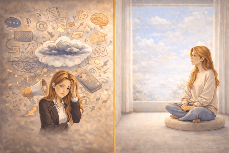 Split illustration of a woman showing contrast between anxiety and calmness—left side filled with chaotic thoughts and stress, right side peaceful with minimal space and serene environment.