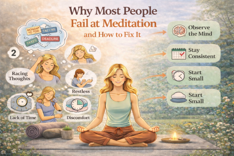 Illustration of a woman meditating in a peaceful garden with common meditation challenges like racing thoughts, restlessness, lack of time, and discomfort, alongside solutions such as observing the mind, staying consistent, starting small, and finding comfort.