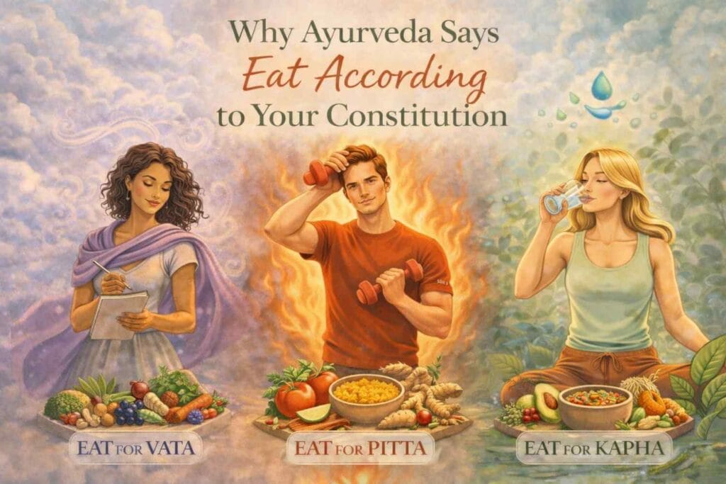 Three individuals represent Vata, Pitta, and Kapha, each engaging in different activities and choosing foods suited to their Ayurvedic constitution.
