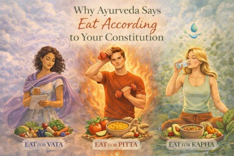 Three individuals represent Vata, Pitta, and Kapha, each engaging in different activities and choosing foods suited to their Ayurvedic constitution.