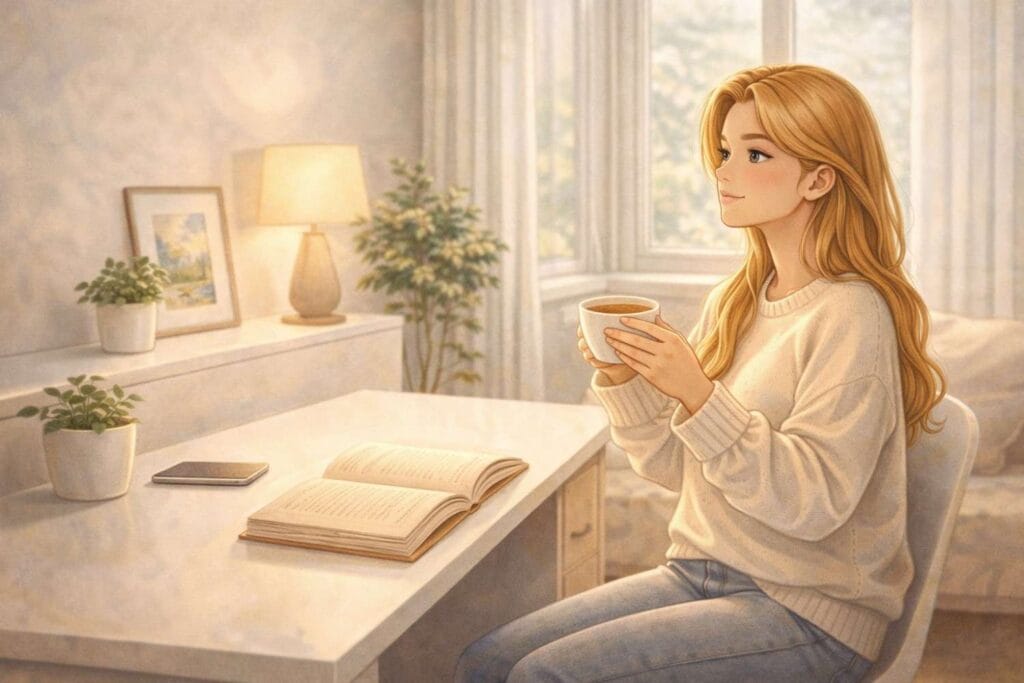 Young woman sitting at a clean minimalist desk with a cup of tea and an open book, surrounded by soft natural light in a calm, clutter-free space.