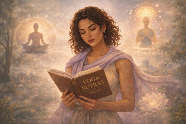 A woman reads the Yoga Sutras as glowing symbols of realization appear around her.