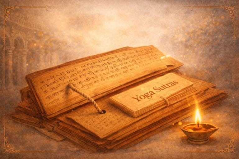 Ancient palm-leaf manuscripts with Sanskrit writing placed in a warm, glowing setting with a traditional oil lamp, representing the wisdom of Yoga Sutras.