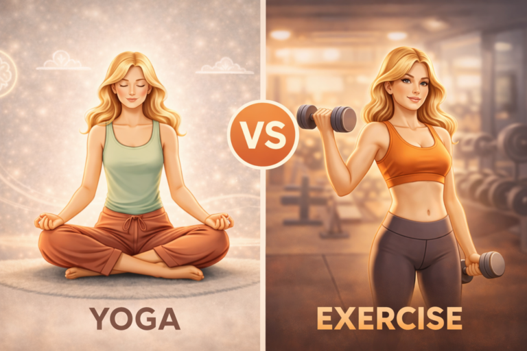 A split illustration of a woman showing the contrast between yoga and exercise—on one side she sits calmly in a meditative yoga pose, and on the other she performs a dumbbell workout in a gym setting.