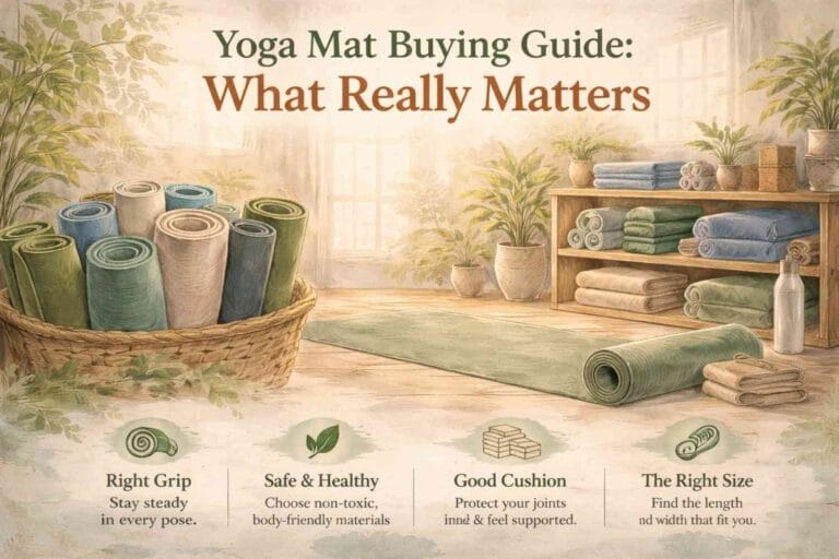 Hand-painted illustration of a yoga mat buying guide showing neatly arranged yoga mats in a calm, earthy-toned yoga space with natural elements and soft lighting.