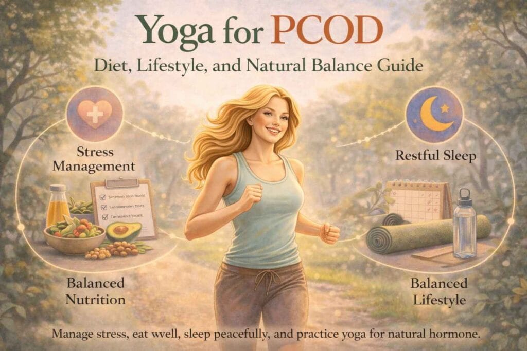 A young woman is jogging in a peaceful park, surrounded by visuals of healthy food, stress management, and restful sleep, representing a balanced lifestyle for managing PCOD.