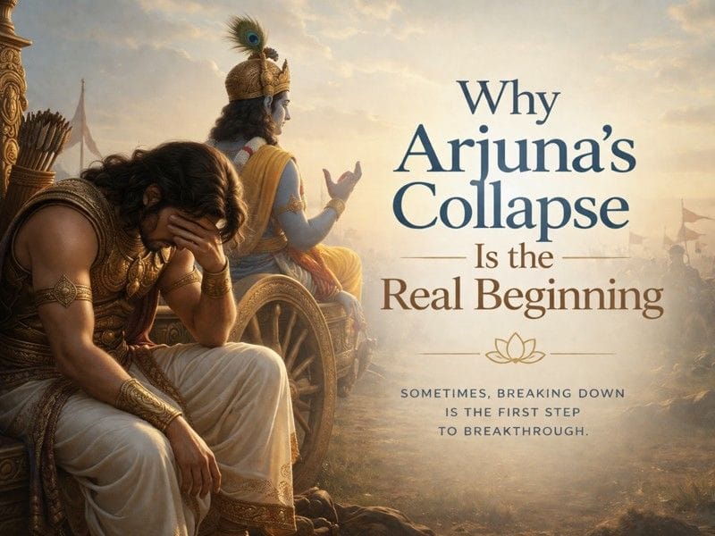 A warm, cinematic illustration of Arjuna sitting in deep distress with his head in his hand beside a chariot, while Krishna stands behind him calmly speaking. The battlefield fades into the background under a golden sky, with the title “Why Arjuna’s Collapse Is the Real Beginning” displayed prominently.