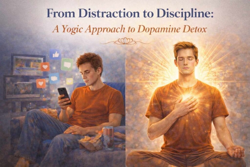 A split-style illustration showing a young man in two contrasting states. On the left, he sits slouched on a couch, distracted by his phone with social media icons floating around him. On the right, the same man sits upright with eyes closed, one hand on his chest glowing with light, symbolizing inner awareness and self-realisation. The title “From Distraction to Discipline: A Yogic Approach to Dopamine Detox” appears above.