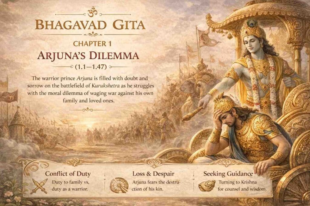 A detailed illustration of the battlefield of Kurukshetra showing Lord Krishna guiding a troubled Arjuna seated in a chariot, surrounded by armies, symbolizing Arjuna’s emotional and moral conflict before the war.