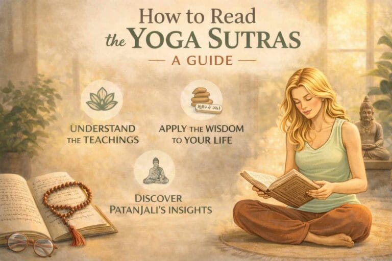 A young woman sits on the floor reading the Yoga Sutras, surrounded by calming elements and symbols representing understanding and inner wisdom.