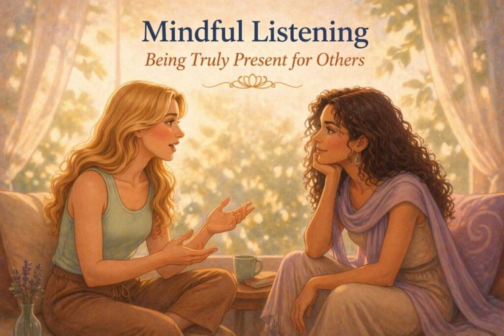 A warm, softly illustrated scene of two women sitting across from each other in a cozy setting, engaged in conversation. One woman speaks with expressive hand gestures while the other listens attentively with a gentle, focused expression. The title “Mindful Listening: Being Truly Present for Others” appears above them.