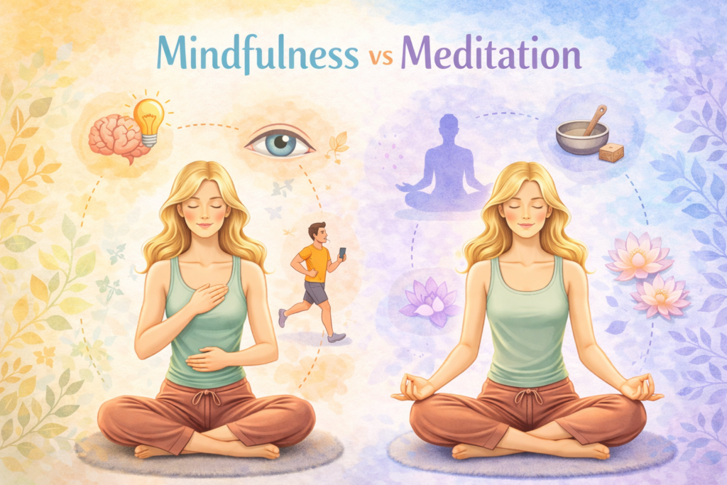 Pastel illustration comparing mindfulness and meditation, featuring a woman practicing awareness and seated meditation with calming symbolic elements.