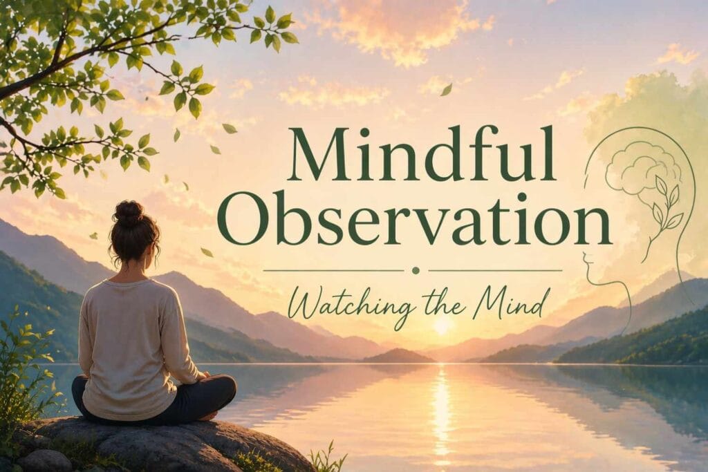 A serene animated illustration of a person sitting in meditation on a rock beside a calm lake at sunset, surrounded by mountains and soft glowing light, with the title “Mindful Observation: Watching the Mind” displayed in elegant typography.