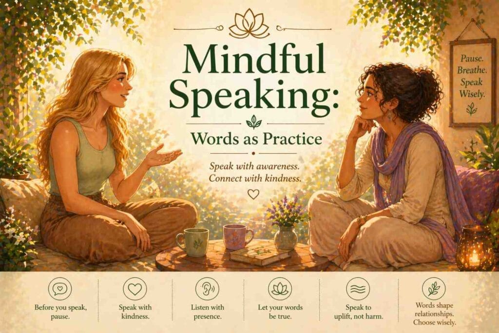 A warm, animated illustration of two women sitting in a peaceful garden setting, both engaged in a mindful conversation, one speaking with gentle hand gestures while the other listens attentively, with the title “Mindful Speaking: Words as Practice” displayed in soft, elegant typography.