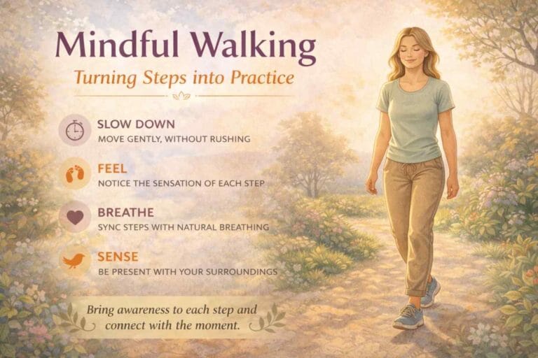 A blonde woman walks mindfully along a sunlit garden path with her eyes open, surrounded by soft greenery and flowers, illustrating the practice of mindful walking with awareness of each step.