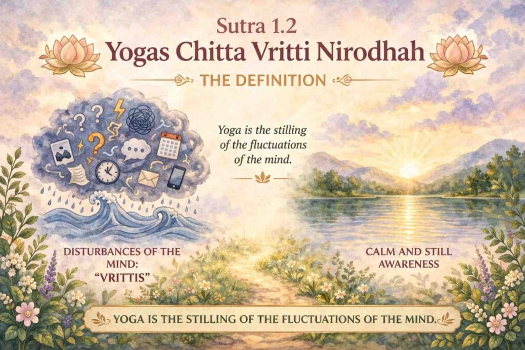 A soft watercolor-style infographic illustrating Yoga Sutra 1.2, showing a contrast between a chaotic, thought-filled mind on one side and a calm, serene landscape on the other, symbolizing mental stillness.