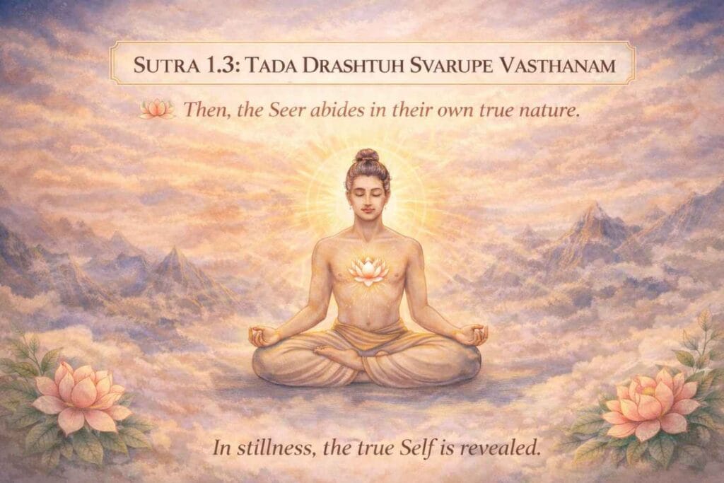 A serene semi-realistic illustration of a meditating figure seated in lotus posture with a glowing lotus at the heart, set against soft pastel mountains and a radiant golden sky, symbolizing inner stillness and self-realization.