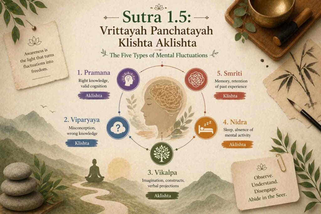 A creative, earth-toned infographic illustrating Yoga Sutra 1.5, featuring a central human head silhouette with swirling thoughts, surrounded by a circular layout of the five vrittis, Pramana, Viparyaya, Vikalpa, Nidra, and Smriti, each represented with minimal icons and soft natural elements.